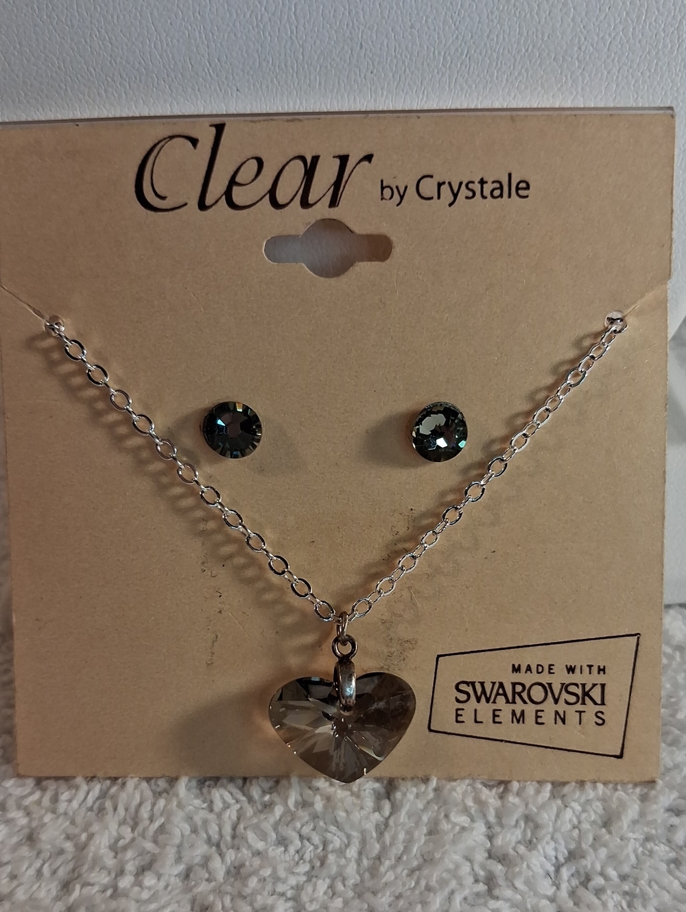 Smoky Crystal Heart Necklace and Stud Earrings